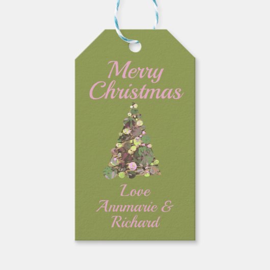 メリークリスマスグリーンピンクの木と名前 ギフトタグ (正面)