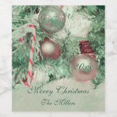 メリークリスマスグリーンピンクホリデーツリーオーナメント ワインラベル (シングルラベル)