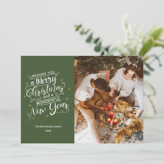 メリークリスマスグリーンファミリーフォトホリデーカード シーズンカード (スタンド正面)