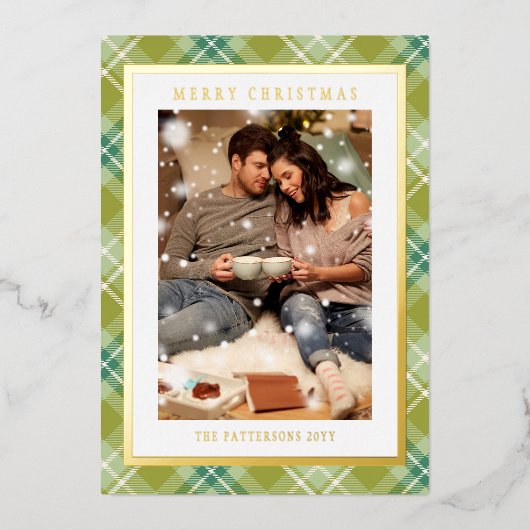 メリークリスマスグリーンプレイドタータンチェック写真 箔シーズンカード (正面)