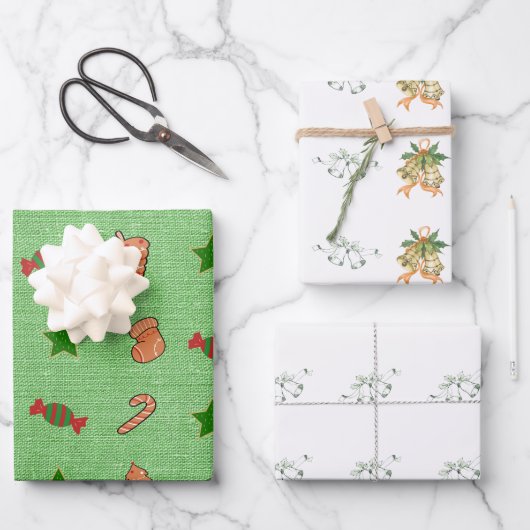 メリークリスマスグリーンベルかわいいキャンディソックスのスター ラッピングペーパーシート (正面)