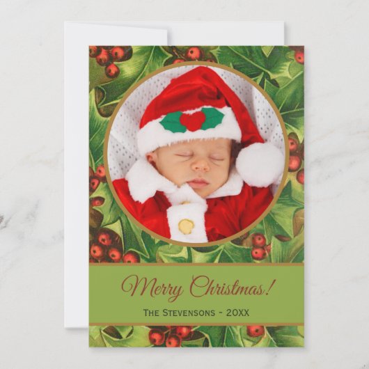 メリークリスマスグリーンホリーレッドスクリプトベビー写真 シーズンカード (正面)