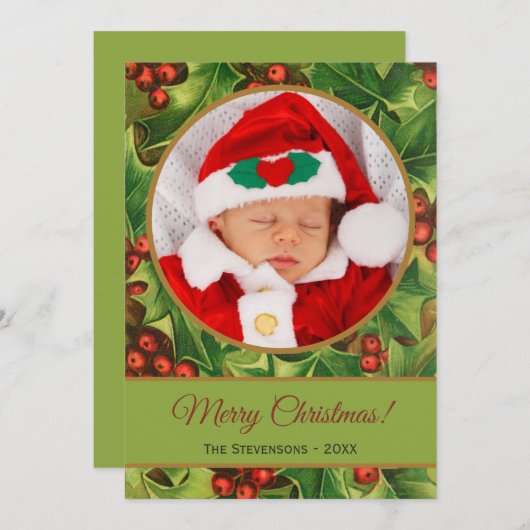 メリークリスマスグリーンホリーレッドスクリプトベビー写真 シーズンカード (正面/裏面)