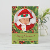 メリークリスマスグリーンホリーレッドスクリプトベビー写真 シーズンカード (スタンド正面)
