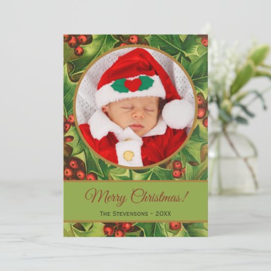 メリークリスマスグリーンホリーレッドスクリプトベビー写真 シーズンカード (スタンド正面)