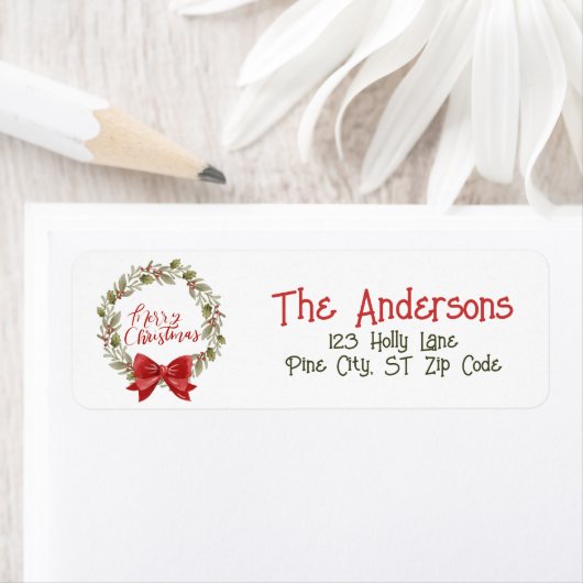 メリークリスマスグリーンボタニカルレッドホリーリース ラベル (インサイチュ)