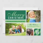 メリークリスマスグリーンモダンイニシャルフォトコラージュ シーズンカード (正面)