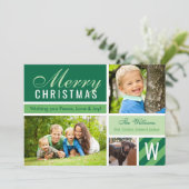 メリークリスマスグリーンモダンイニシャルフォトコラージュ シーズンカード (スタンド正面)