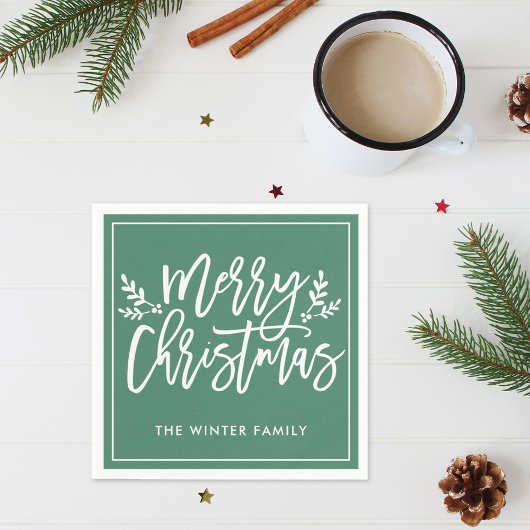メリークリスマスグリーンモダンスクリプトホリデー スタンダードカクテルナプキン