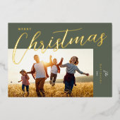 メリークリスマスグリーンモダン金ゴールドスクリプトの写真 箔シーズンカード (正面)