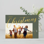 メリークリスマスグリーンモダン金ゴールドスクリプトの写真 箔シーズンカード (立ち正面)