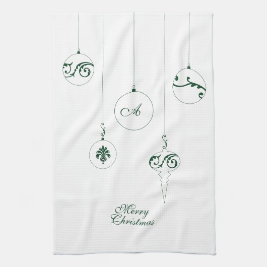 メリークリスマスグリーンモノグラムバウブルオーナメント キッチンタオル (縦)