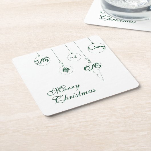 メリークリスマスグリーンモノグラムバウブルオーナメント スクエアペーパーコースター (アングル)