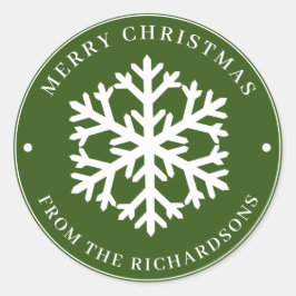 メリークリスマスグリーンラウンドホワイトスノーフレーク ラウンドシール