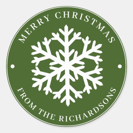 メリークリスマスグリーンラウンドホワイトスノーフレーク ラウンドシール (正面)