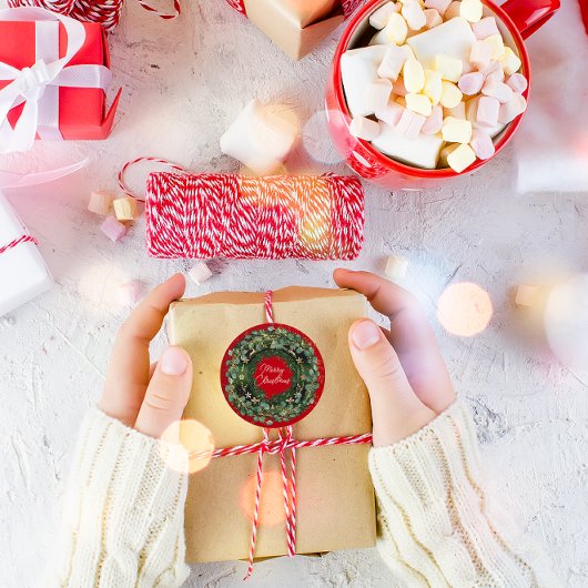 メリークリスマスグリーンリースウィンターレッドウッドランド ラウンドシール