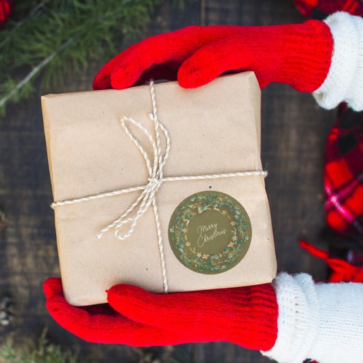 メリークリスマスグリーンリースウッドランドウッドマスタード ラウンドシール