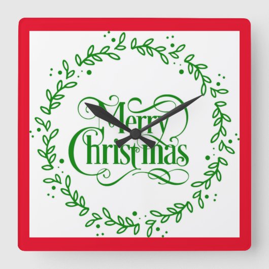 メリークリスマスグリーンリース大時計 スクエア壁時計 (正面)