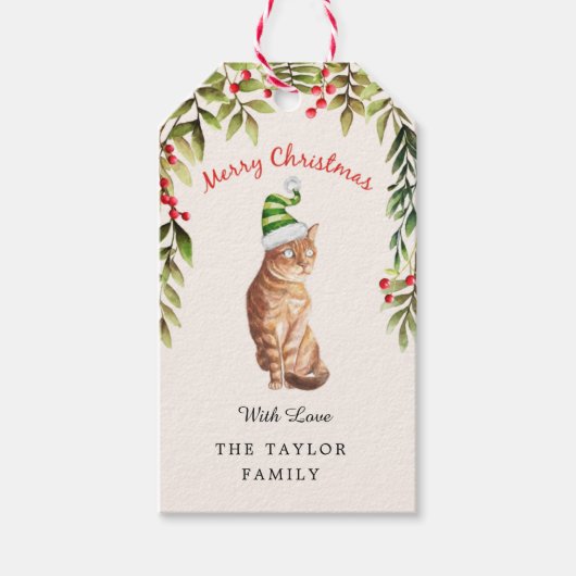 メリークリスマスグリーンリーフレッドベリー猫好き ギフトタグ (正面)