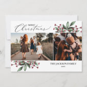 メリークリスマスグリーンリーレッドフォトホリデーカード 招待状 (正面)