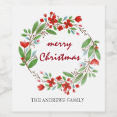 メリークリスマスグリーンリーレッドリース ワインラベル (シングルラベル)