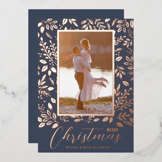 メリークリスマスグリーンリー写真バラ金ゴールド 箔シーズンカード (正面/裏面)