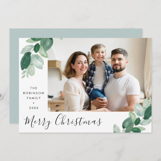 メリークリスマスグリーンレタリングフォトホリデーc シーズンカード (正面/裏面)