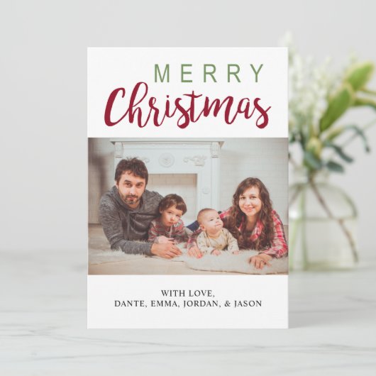 メリークリスマスグリーンレッドファミリーフォトシンプルシック シーズンカード (スタンド正面)