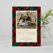 メリークリスマスグリーンレッドプレイドファミリーフォト金ゴールド 箔シーズンカード (立ち正面)
