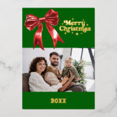 メリークリスマスグリーンレッドボウのレトロな写真金ゴールド 箔シーズンカード (正面)