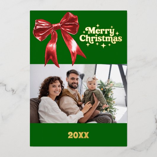 メリークリスマスグリーンレッドボウのレトロな写真金ゴールド 箔シーズンカード (正面)