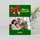メリークリスマスグリーンレッドボウのレトロな写真金ゴールド 箔シーズンカード (立ち正面)