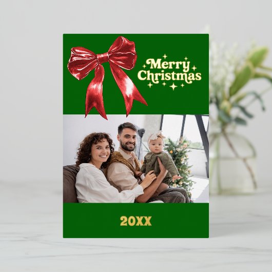 メリークリスマスグリーンレッドボウのレトロな写真金ゴールド 箔シーズンカード (立ち正面)