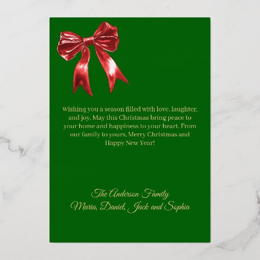 メリークリスマスグリーンレッドボウのレトロな写真金ゴールド 箔シーズンカード (裏面)