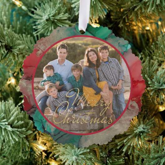 メリークリスマスグリーンレッド写真テンプレート オーナメントカード (インサイチュ (木))