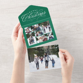 メリークリスマスグリーン写真ユニークコラージュ3倍 オールインワン招待状