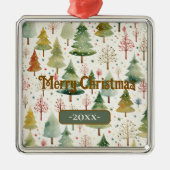 メリークリスマスグリーン水彩松の木 メタルオーナメント (正面)