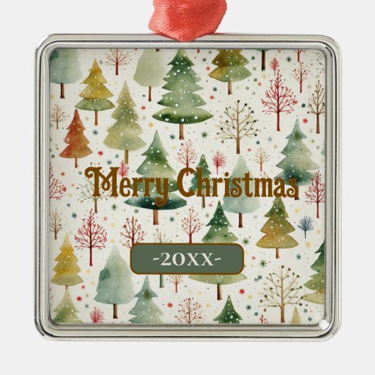 メリークリスマスグリーン水彩松の木 メタルオーナメント (正面)