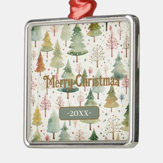 メリークリスマスグリーン水彩松の木 メタルオーナメント (左)