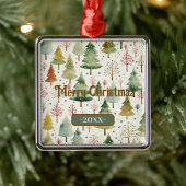 メリークリスマスグリーン水彩松の木 メタルオーナメント