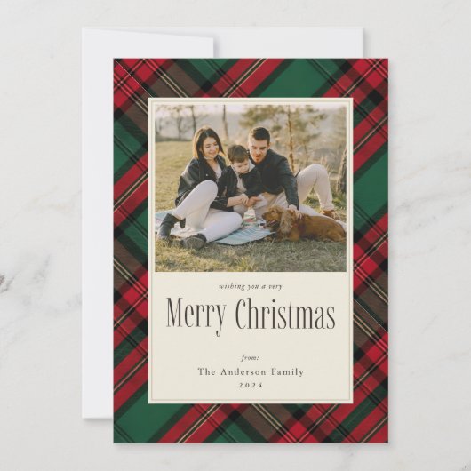 メリークリスマスグリーン赤い格子模様の家族写真 シーズンカード (正面)