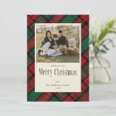 メリークリスマスグリーン赤い格子模様の家族写真 シーズンカード (スタンド正面)