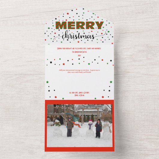 メリークリスマスグリーン赤ストライプの星カード オールインワン招待状 (内側)