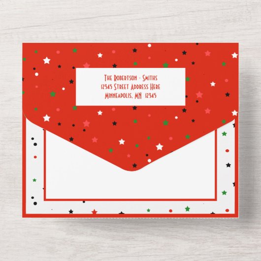 メリークリスマスグリーン赤ストライプの星カード オールインワン招待状 (裏面)