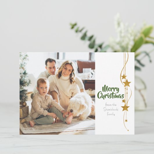 メリークリスマスグリーン金ゴールドスターモダンズ写真 シーズンカード (スタンド正面)