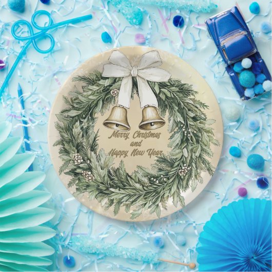 メリークリスマスグリーン金ゴールドホワイトリース ペーパープレート (パーティー)