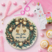 メリークリスマスグリーン金ゴールドリース ペーパープレート (パーティー)