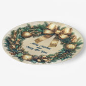 メリークリスマスグリーン金ゴールドリース ペーパープレート (アングル)