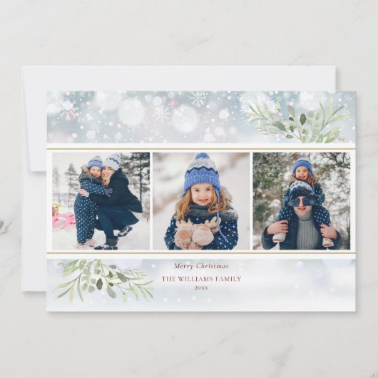 メリークリスマスグリーン雪片フォトコラージュ シーズンカード (正面)