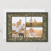 メリークリスマスグリーン&金ゴールドの葉と雪 シーズンカード (正面)